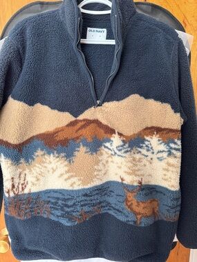 Old Navy Men’s Navy Sherpa Zip-Up Sweater with Scenic Mountain Print